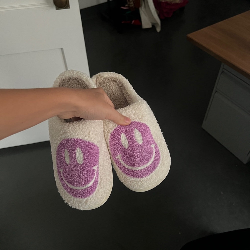 Cozy Cream and Purple Smiley Face Slippers